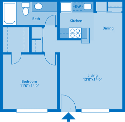 Floor plan for 1 bed, 1 bath, 600 sqft
